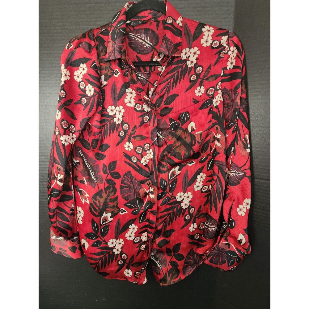 Zara Basic Red Tropical Floral Satin Button Down Shirt Blouse Small Long Sleeve